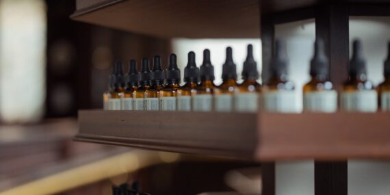 photograph of brown medicine bottles